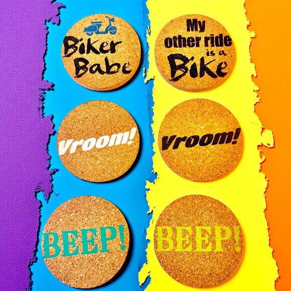 Cypress Home Absorbent Cork Car 6 Coasters Biker Babe Vroom! Peep! NEW - Picture 1 of 10